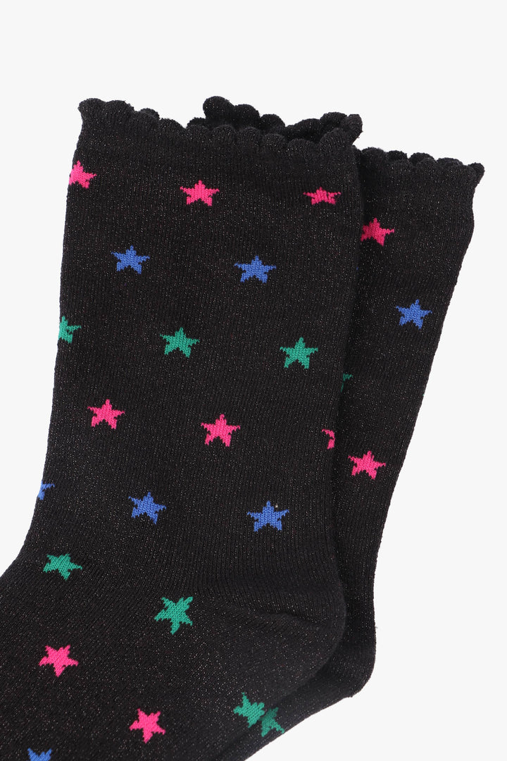Black Multi Star Print Glitter Socks with Scalloped Cuffs: UK 3-7 | EU 36-40 | US 5-9