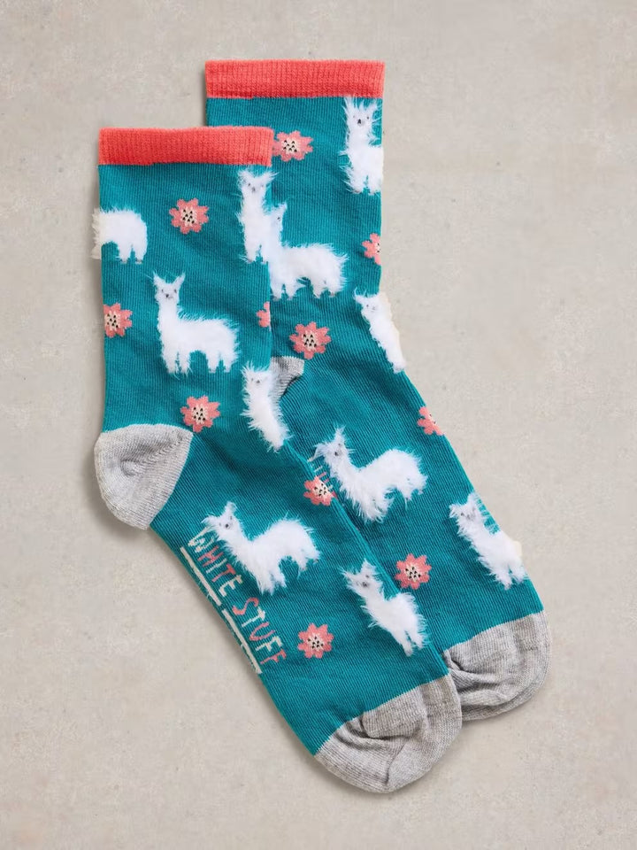 FLUFFY LLAMA ANKLE SOCK BRIGHT TEAL SIZE 6-8