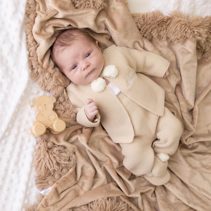 KNITTED POM POM TOP & TROUSER TAUPE 0-3 MONTHS