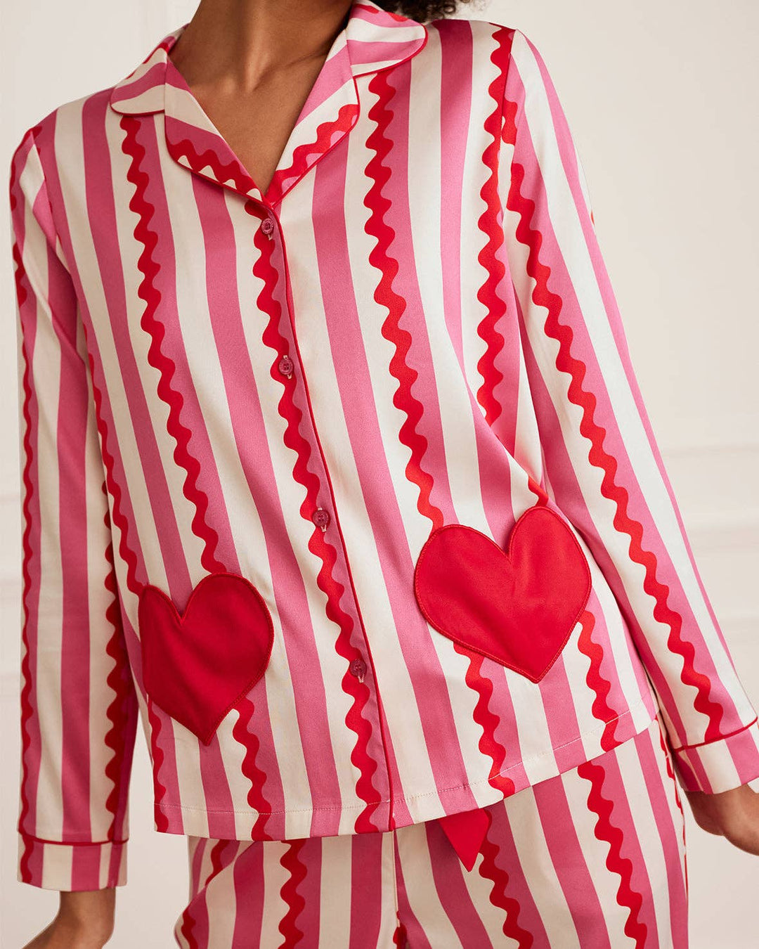 Satin Heart Pocket Striped Long Pyjama Set: Pink / UK 12