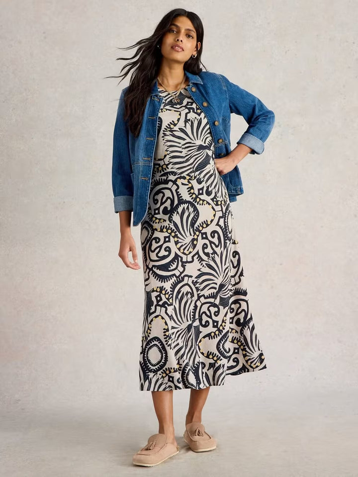 NATURAL PRINT BECCA BIAS CUT DRESS