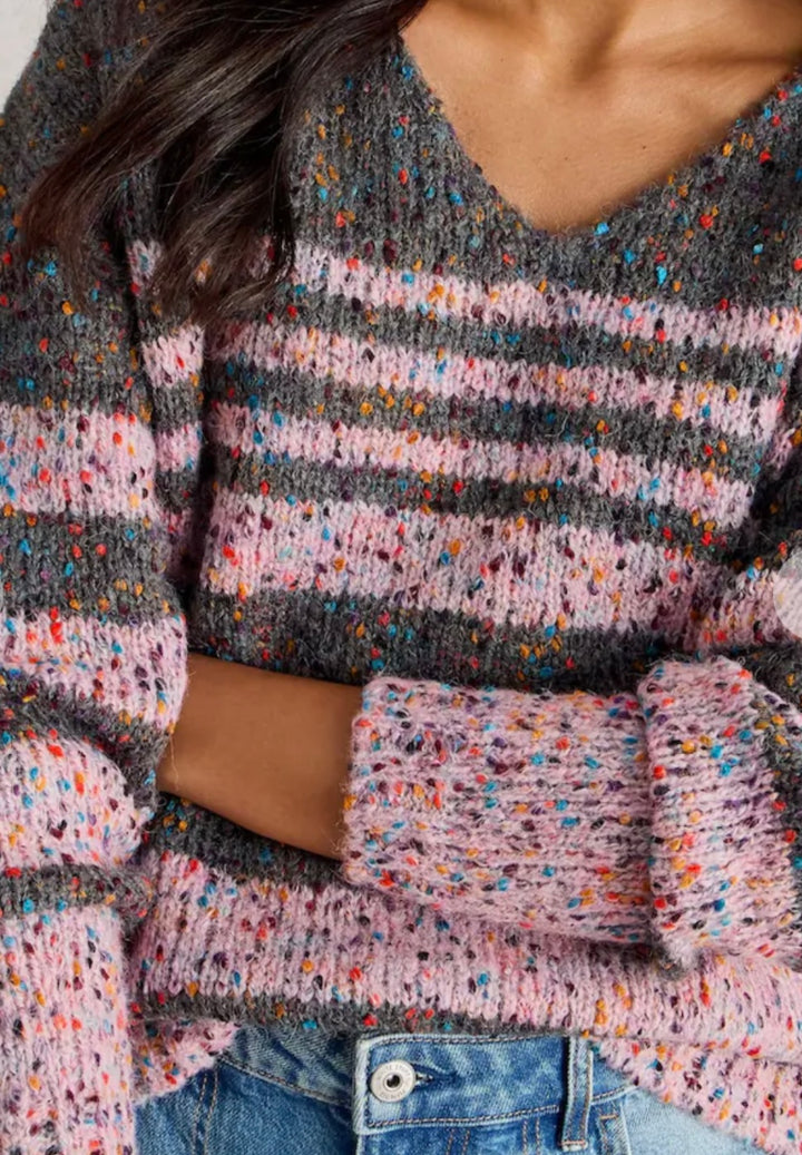 GREY MULTI PINK STRIPE TEXTURED V NECK JUMPER