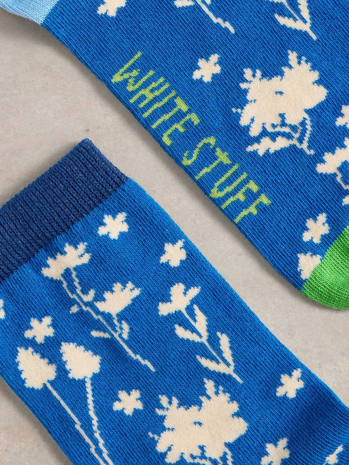 FLORAL ANKLE SOCK SIZE 3-5 BRIGHT BLUE
