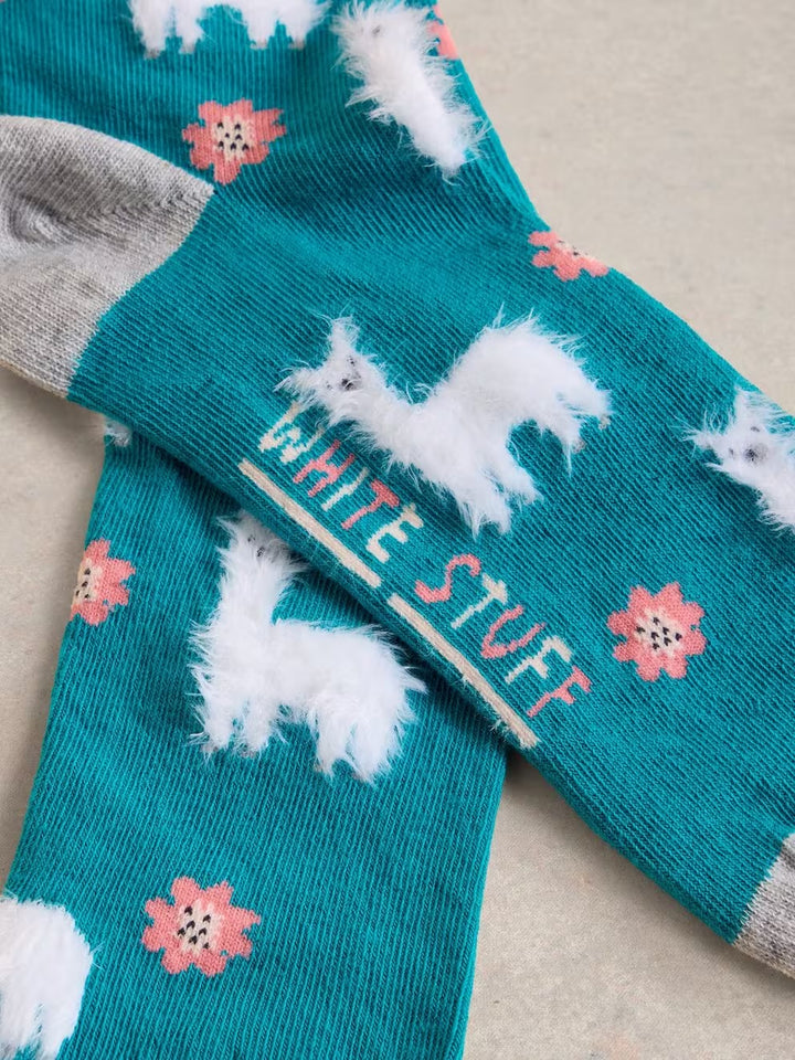 FLUFFY LLAMA ANKLE SOCK BRIGHT TEAL SIZE 6-8
