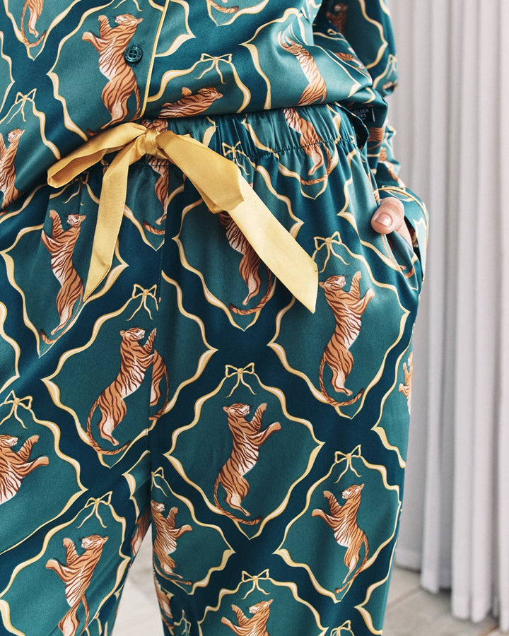 Satin Gilded Tiger Print Long Pyjama Set: UK 16