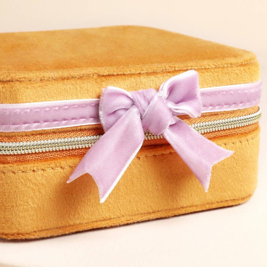 Mustard and Pink Velvet Bow Square Travel Jewellery Case