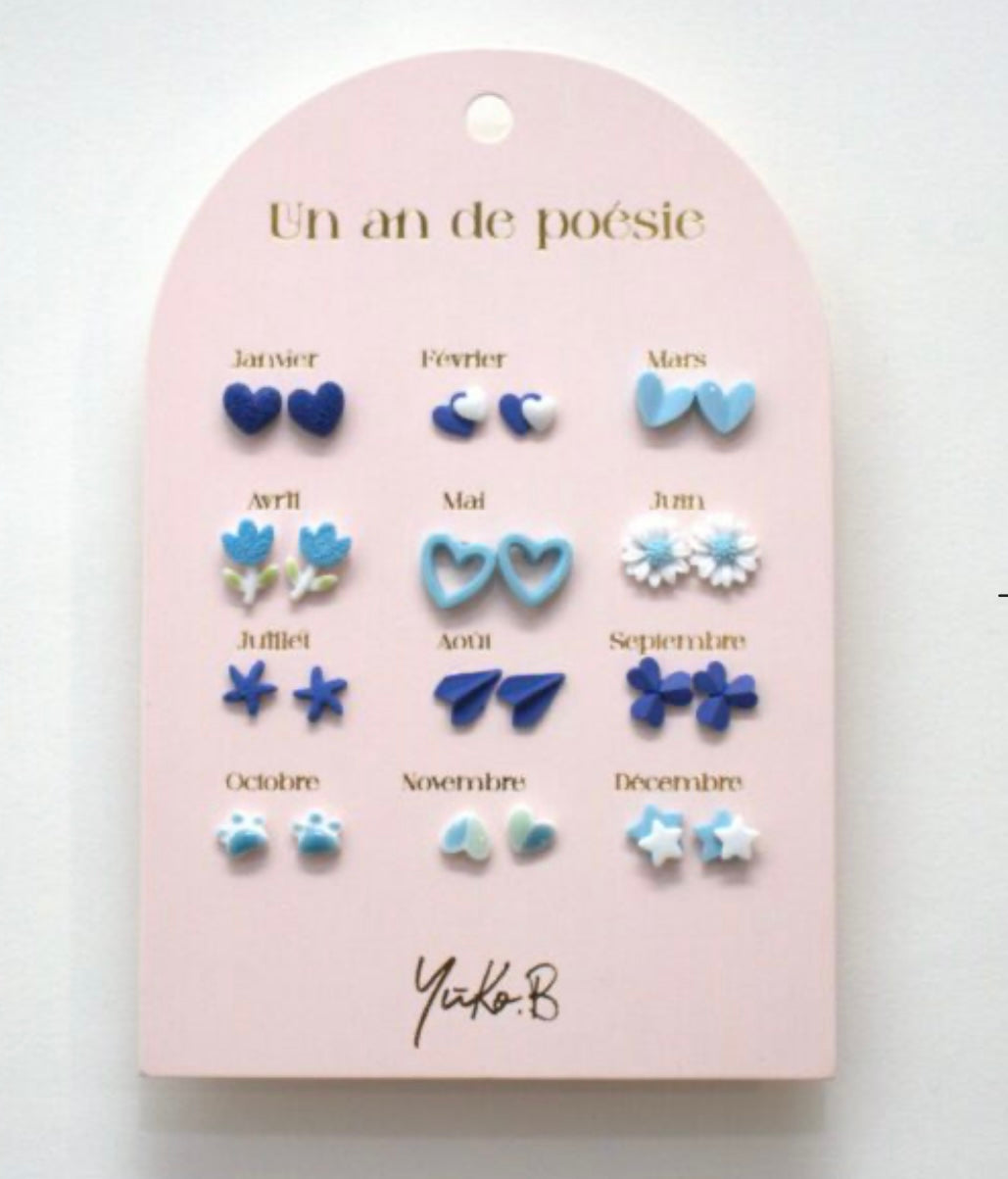 SET OF 12 PAIRS OF NICKEL-FREE CERAMIC EARRINGS – A YEAR OF BLUE POETRY