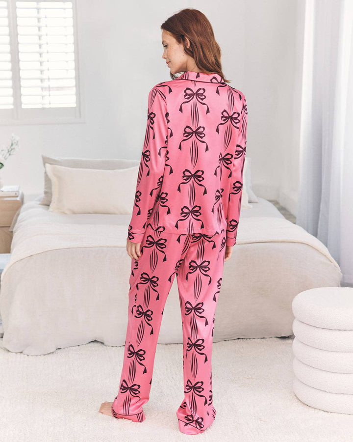 Satin Bow Print Long Pyjama Set: UK 6
