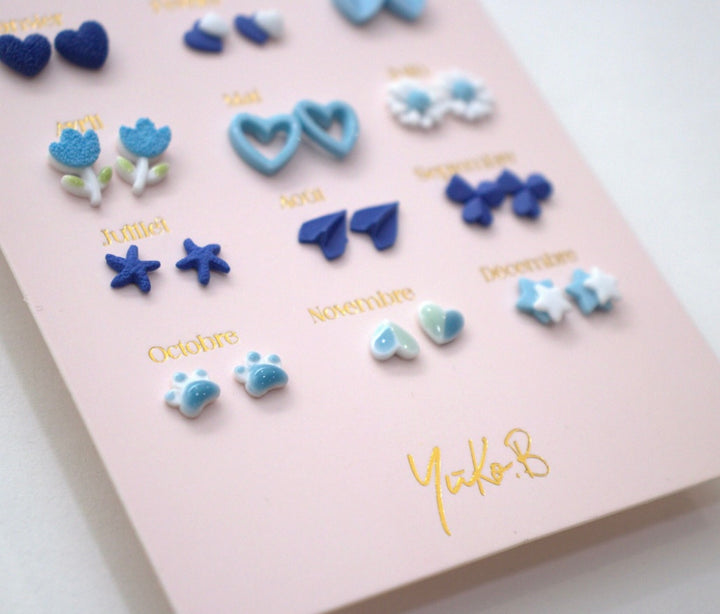 SET OF 12 PAIRS OF NICKEL-FREE CERAMIC EARRINGS – A YEAR OF BLUE POETRY