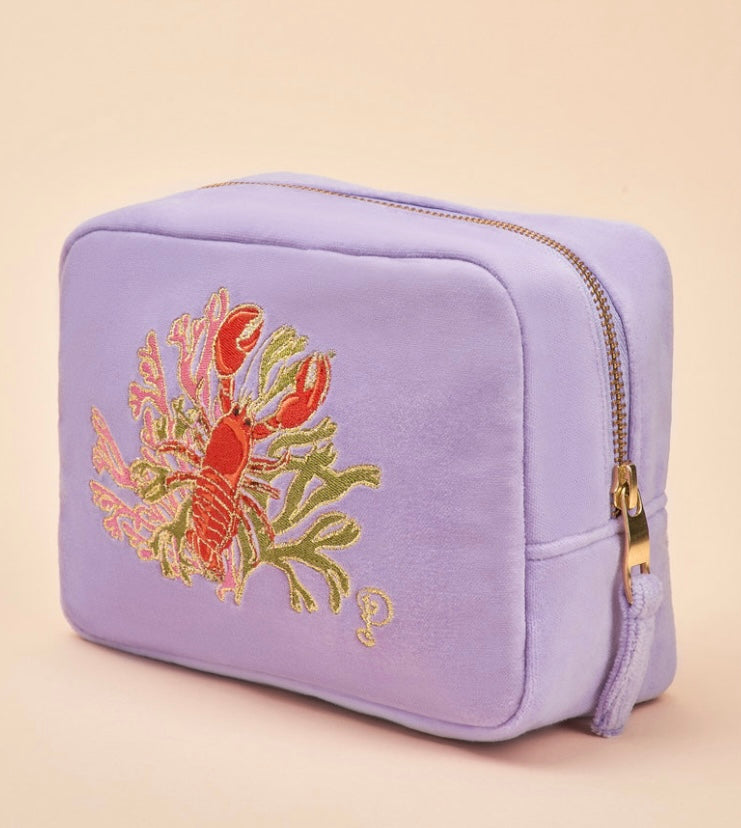 VELVET LAVENDER EMBROIDERED LOBSTER BUDDIES MAKE UP BAG