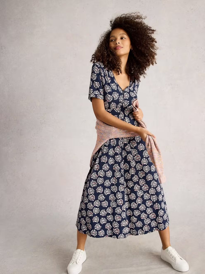 MEGAN JERSEY DRESS NAVY PRINT