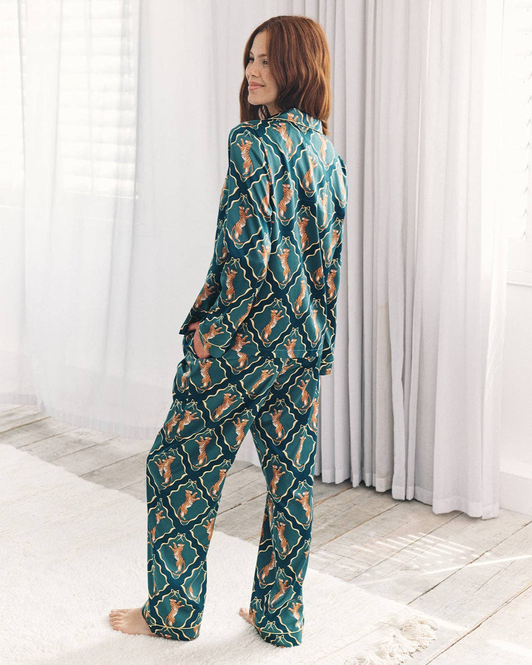 Satin Gilded Tiger Print Long Pyjama Set: UK 10