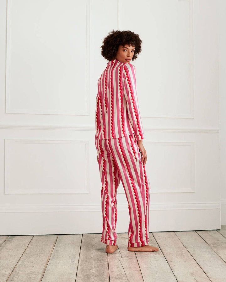 Satin Heart Pocket Striped Long Pyjama Set: Pink / UK 12