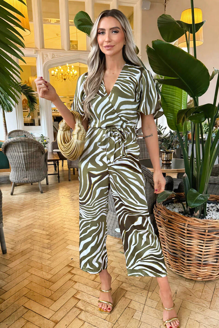 OLIVE PRINT WRAP TOP TIE WAIST JUMPSUIT