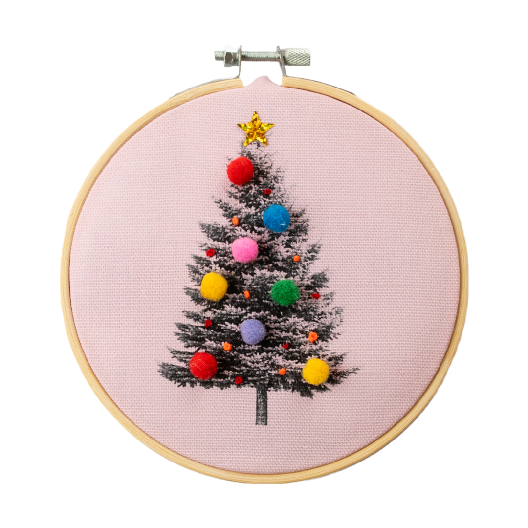 Christmas Tree Embroidery Hoop Kit: Pink
