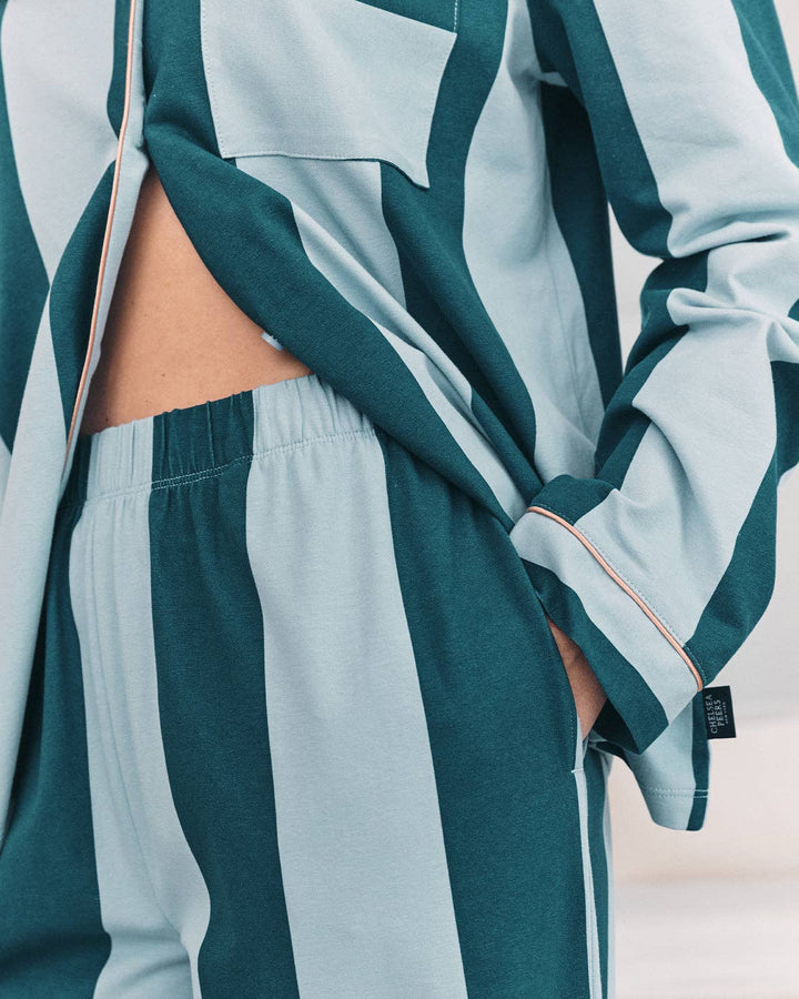 Organic Cotton Stripe Long Pyjama Set - Blue: UK 8