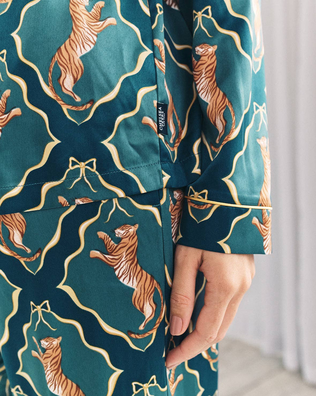 Satin Gilded Tiger Print Long Pyjama Set: UK 16