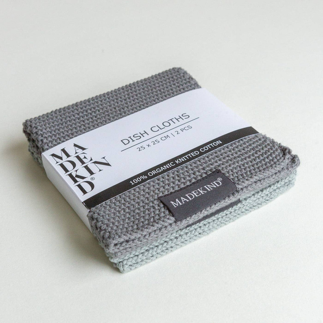 Organic Cotton Knitted Dishcloth, Charcoal Grey - Set of 2