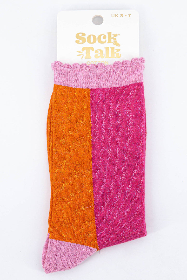 Women's Cotton Glitter Socks Colour Block in Pink & Orange: UK 3-7 | EU 36-40