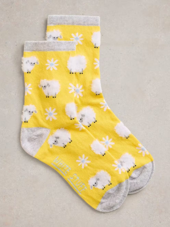 FLUFFY SHEEP ANKLE SOCKS BRIGHT YELLOW SIZE 6-8