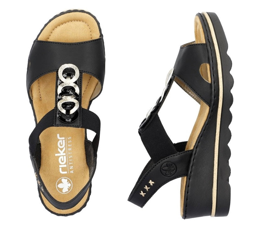 BLACK ELASTICATED WEDGE SANDALS