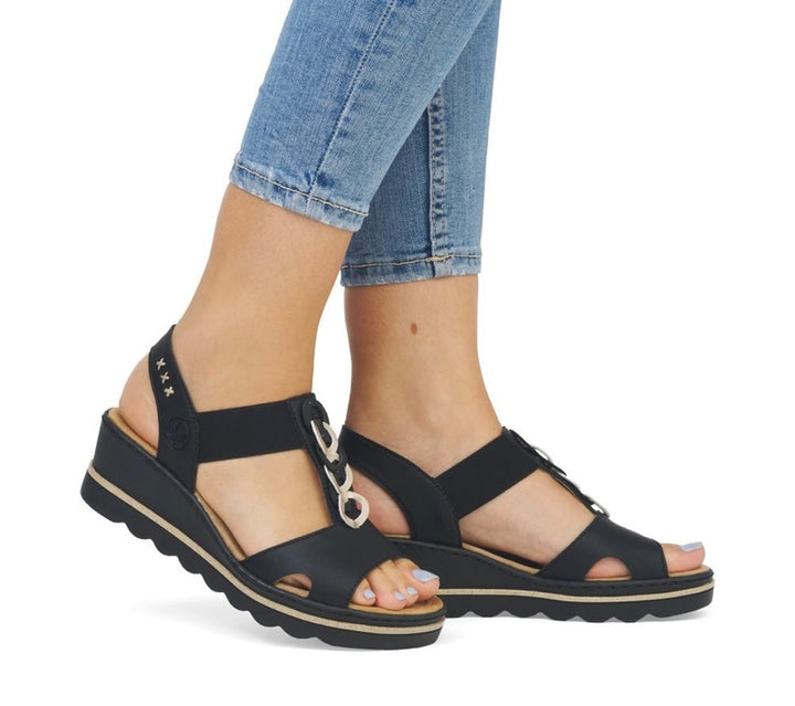 BLACK ELASTICATED WEDGE SANDALS