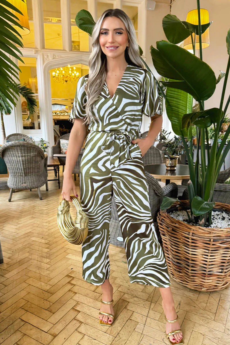 OLIVE PRINT WRAP TOP TIE WAIST JUMPSUIT
