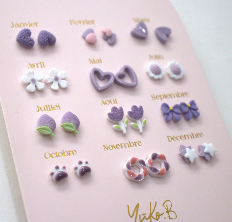 Set Of 12 Pairs Of Nickel-Free Ceramic Earrings – A Year Of Poetry Purple