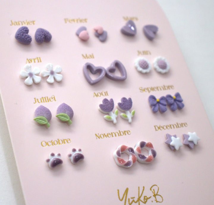 Set Of 12 Pairs Of Nickel-Free Ceramic Earrings – A Year Of Poetry Purple