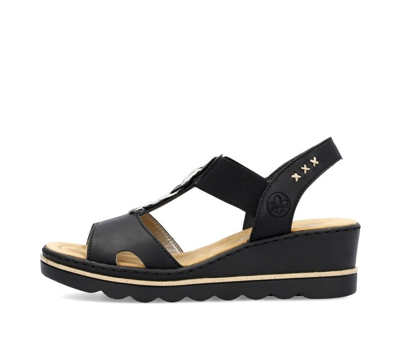 BLACK ELASTICATED WEDGE SANDALS