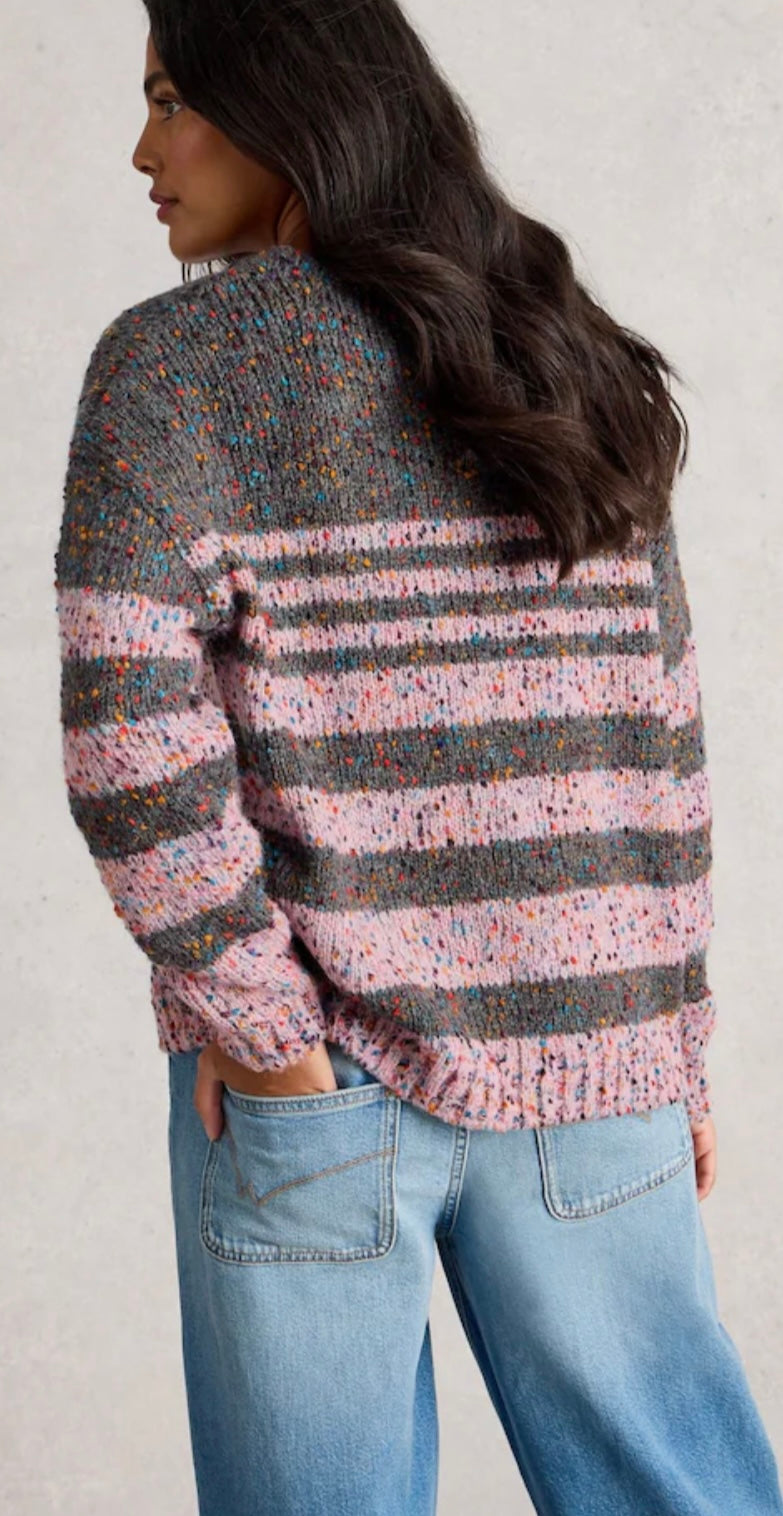 GREY MULTI PINK STRIPE TEXTURED V NECK JUMPER
