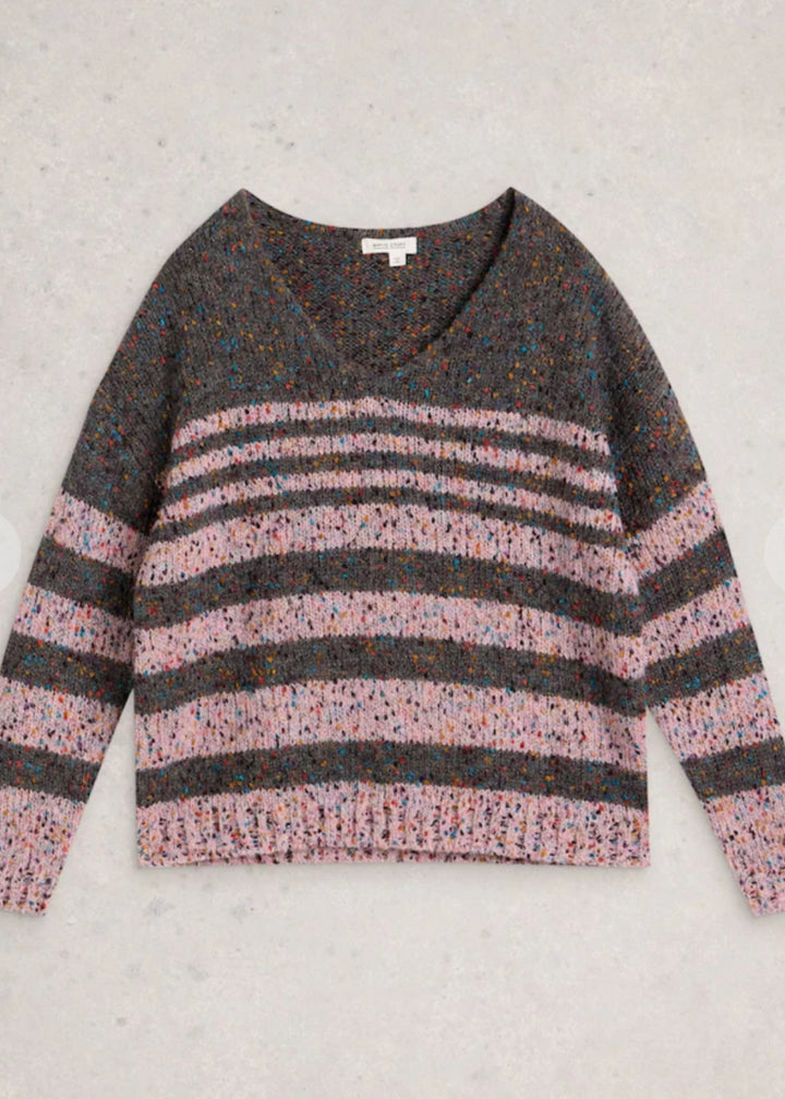 GREY MULTI PINK STRIPE TEXTURED V NECK JUMPER