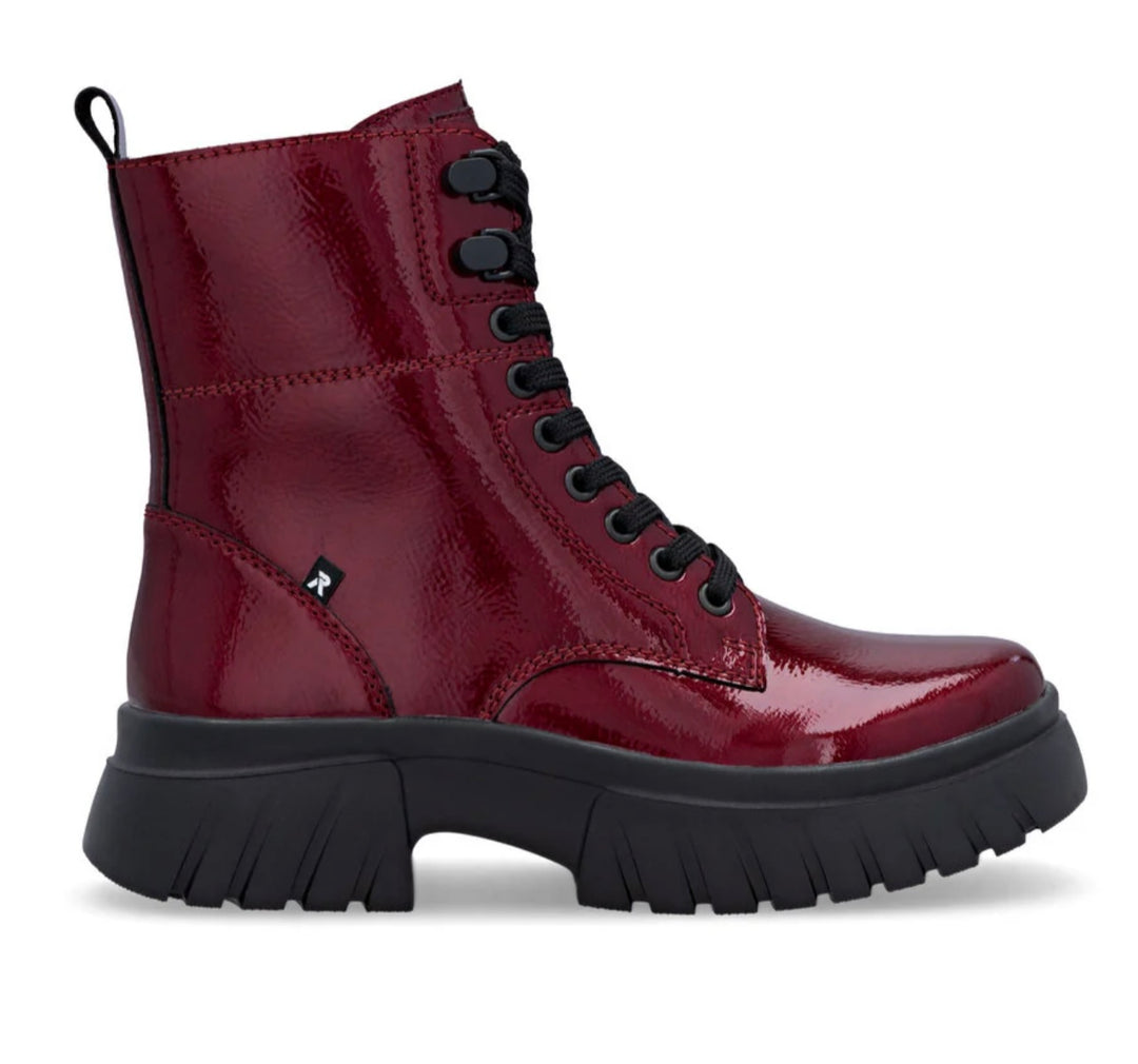 RED PATENT LACE UP BOOT