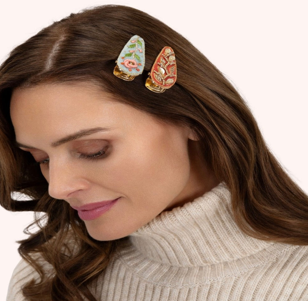 ICE FLOWER & TANGERINE LEAVES HAIR CLIPS