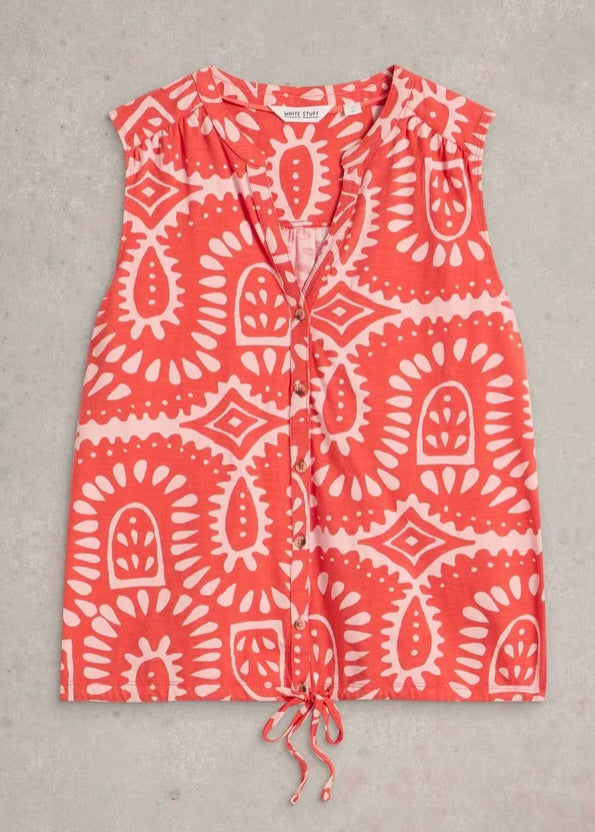ORANGE PRINT TULIP SLEEVELESS SHIRT
