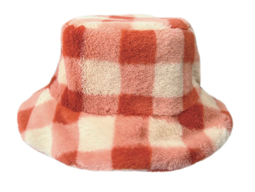 CORAL CHECKED BUCKET HAT