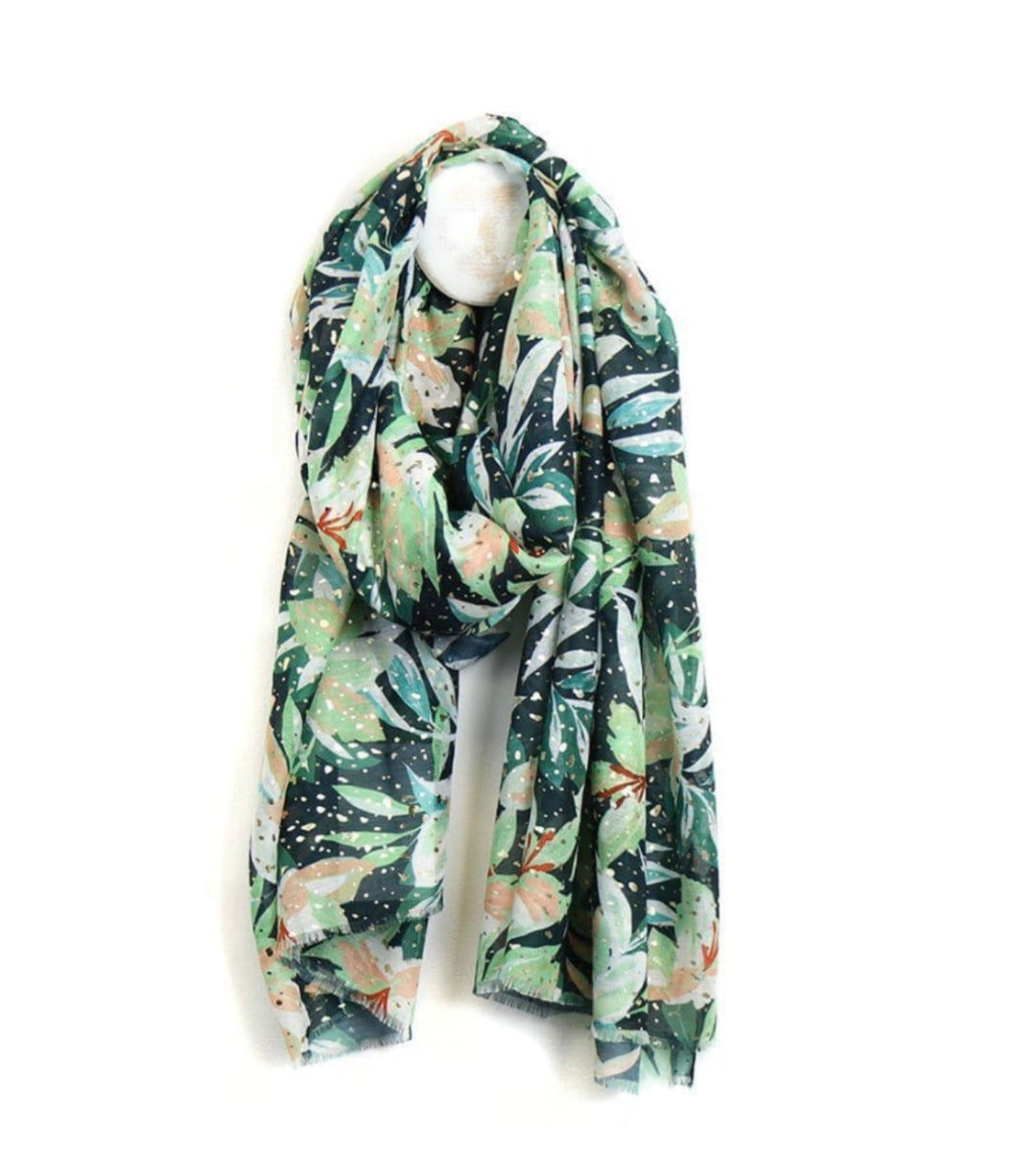 GREEN MIX RECYCLED LILY PRINT AND METALLIC SCARF