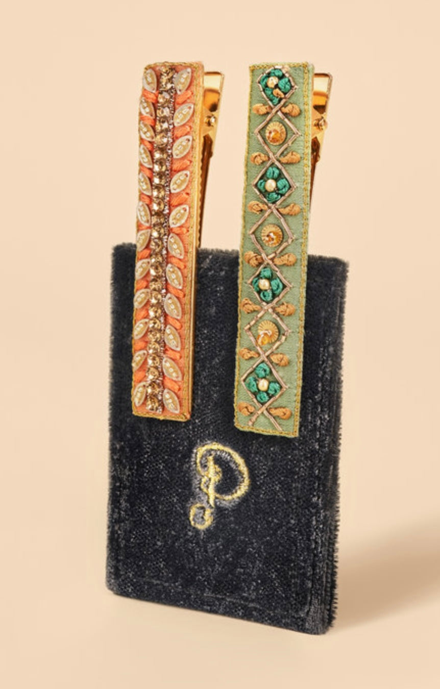 SAGE & CORAL RIBBON STRIKE HAIRCLIPS