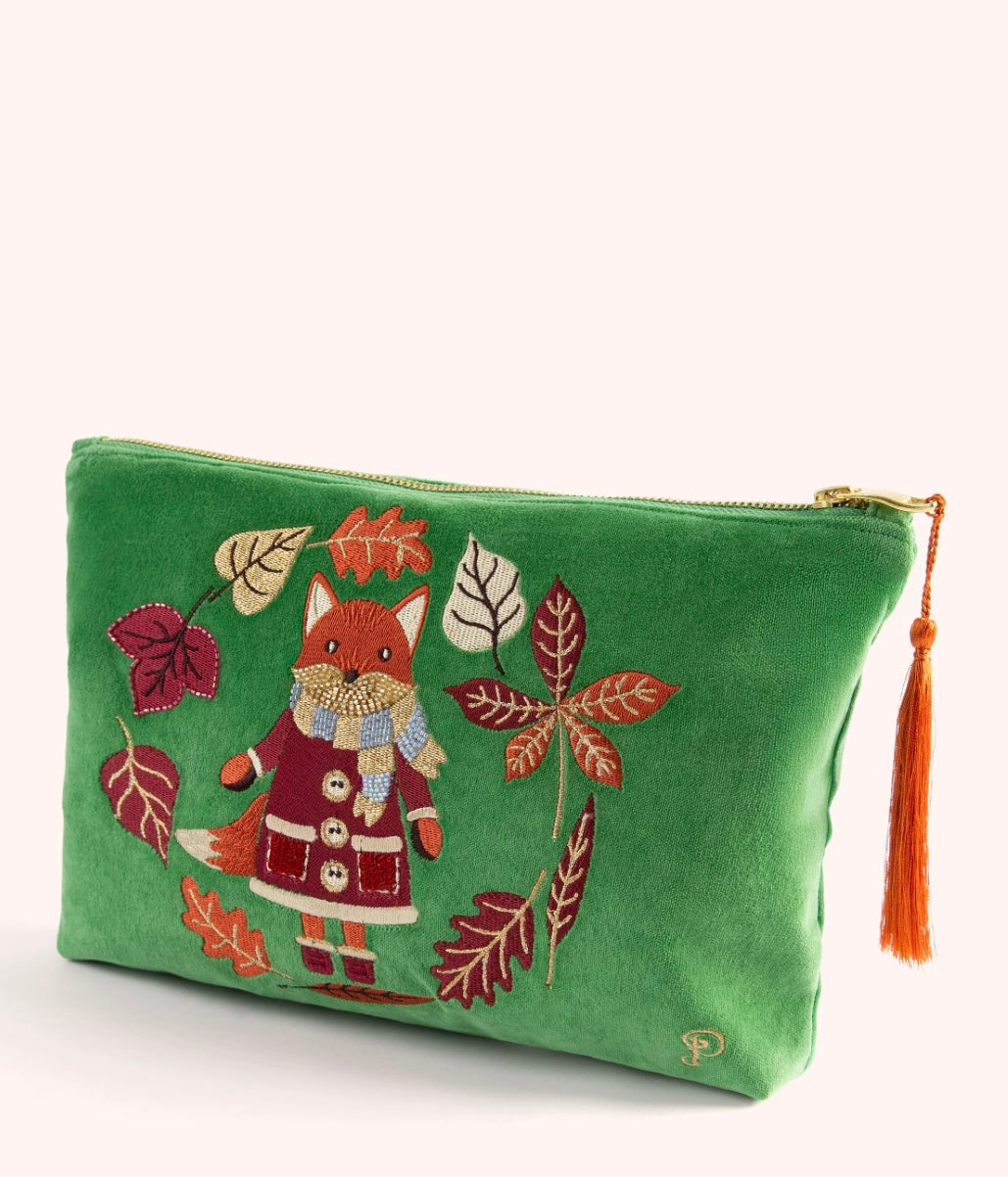 VELVET ZIP POUCH COSY FOX FERN