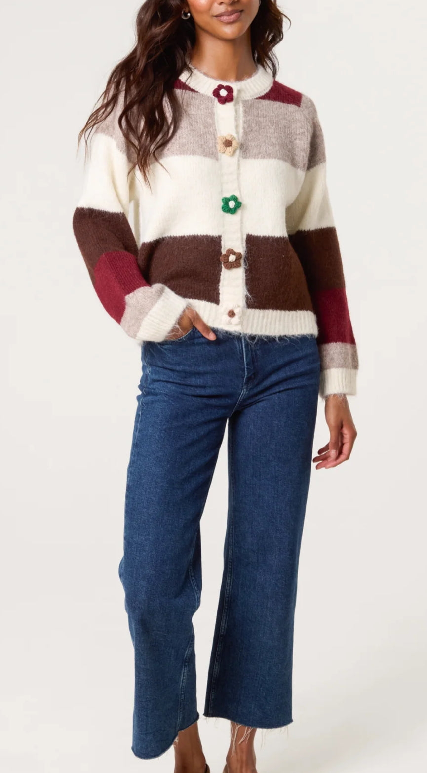 IVORY/BURGUNDY CROCHET CARDIGAN