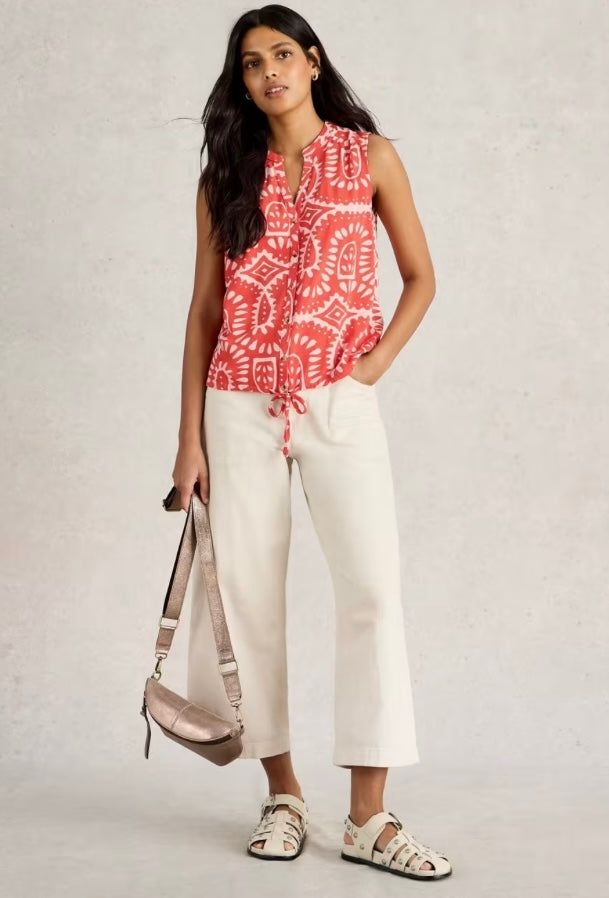 ORANGE PRINT TULIP SLEEVELESS SHIRT