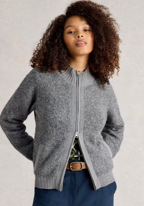 MID GREY BOBBY BOUCLE ZIP CARDIGAN