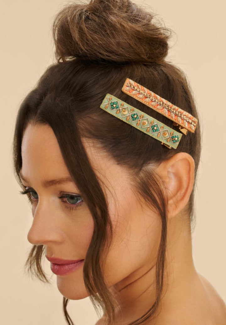 SAGE & CORAL RIBBON STRIKE HAIRCLIPS