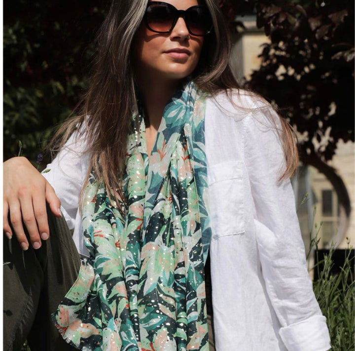 GREEN MIX RECYCLED LILY PRINT AND METALLIC SCARF