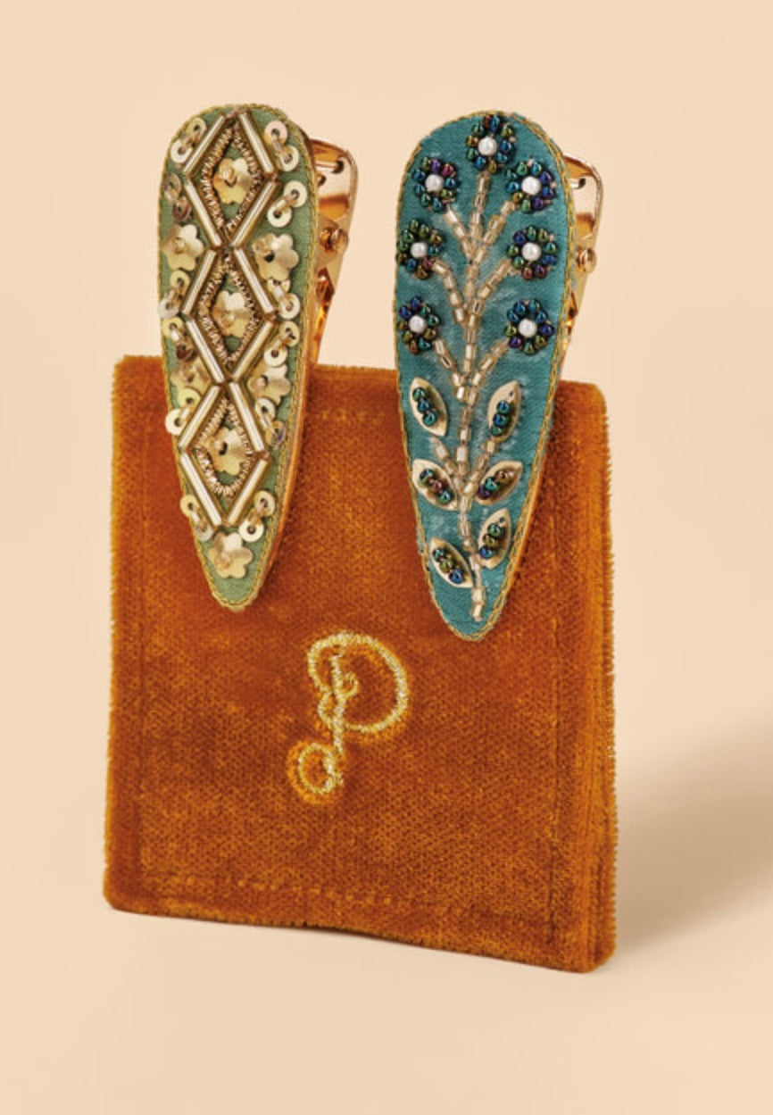 SAGE & TEAL TILE WHEAT HAIRCLIPS