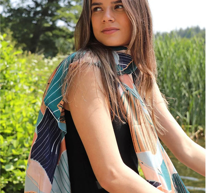 BAMBOO VISCOSE AQUA AND NAVY MIX TROPICAL FLOWER PRINT SCARF
