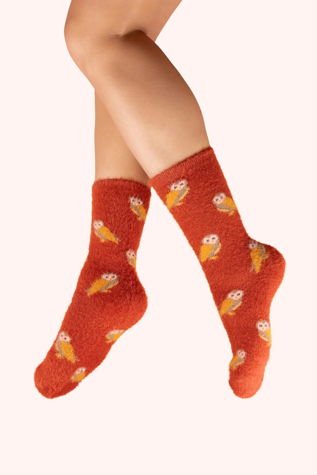 FUZZY SOCK MINI OWLS TANGERINE