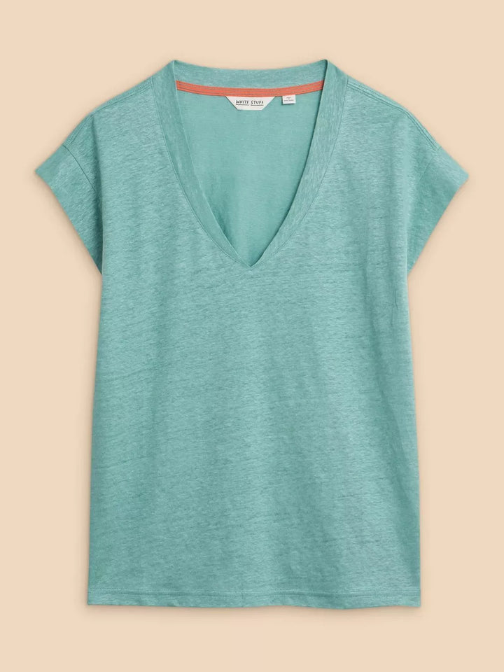 MID TEAL IVY LINEN V NECK TEE