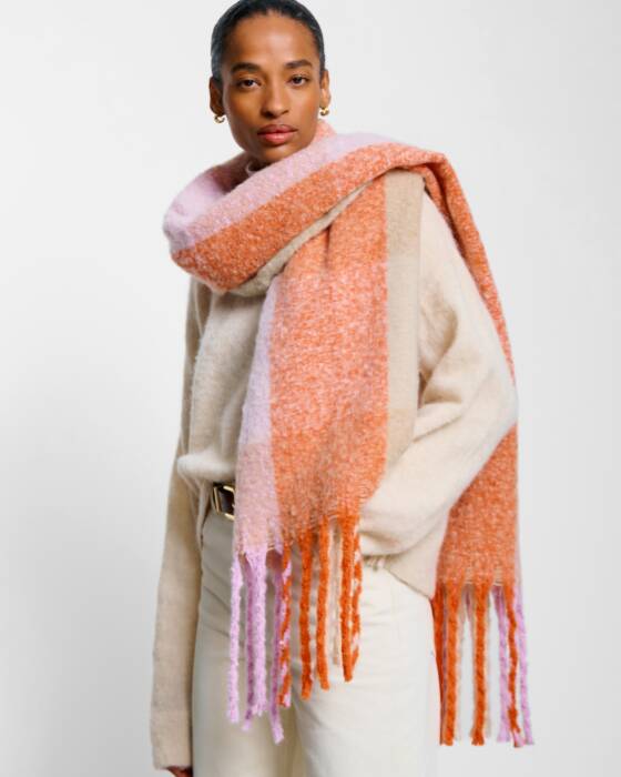 RECYCLED CHECKED TASSEL SCARF LILAC