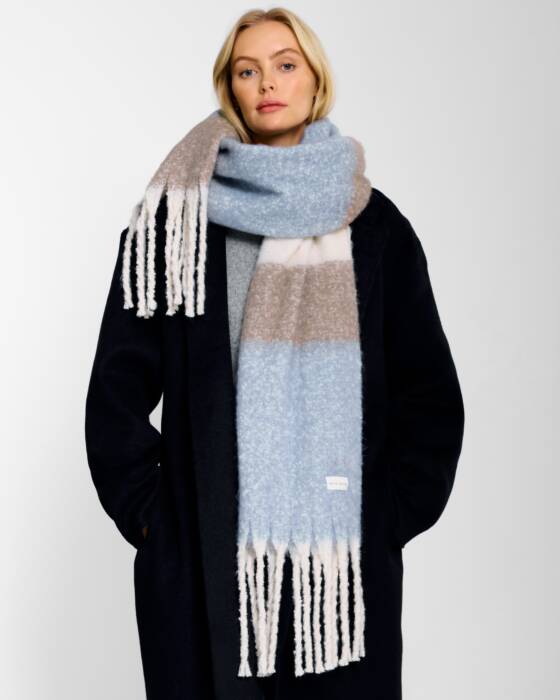 RECYCLED STRIPE TASSEL SCARF BLUE